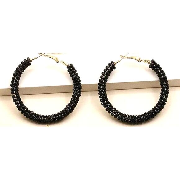 Black Beaded Hoop Earrings 2" - Picture 2 of 2